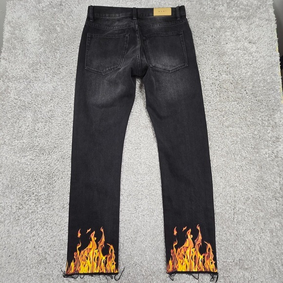 MNML Jeans Mens 31x31‎ Black Straight Flames Raw Hem Cotton Denim Punk Rock - Picture 6 of 12